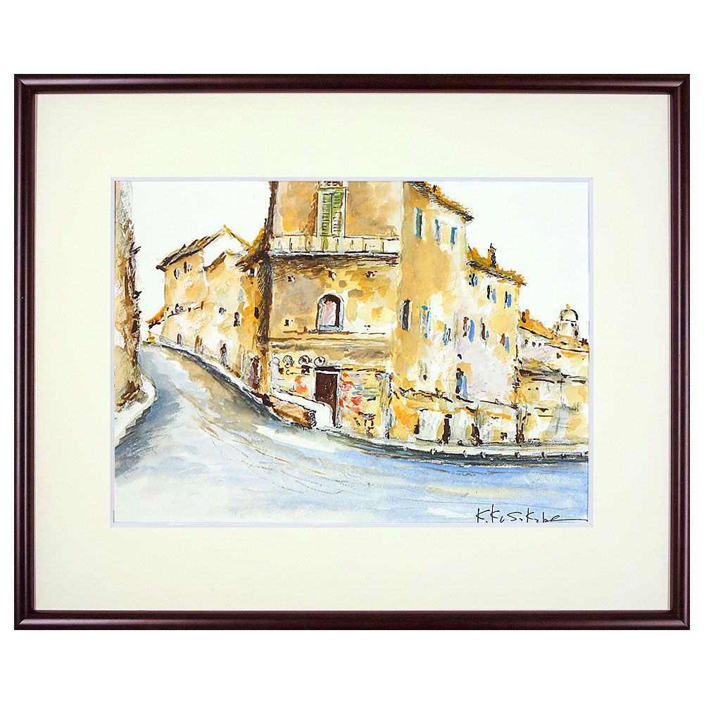 水彩画 日下部寛 「アッシジ（イタリア）」 額入り 肉筆画 手描き 真筆 風景画 絵画 美術品 アート タブロー ヨーロッパ スケッチ 旅行 23-K4K-006