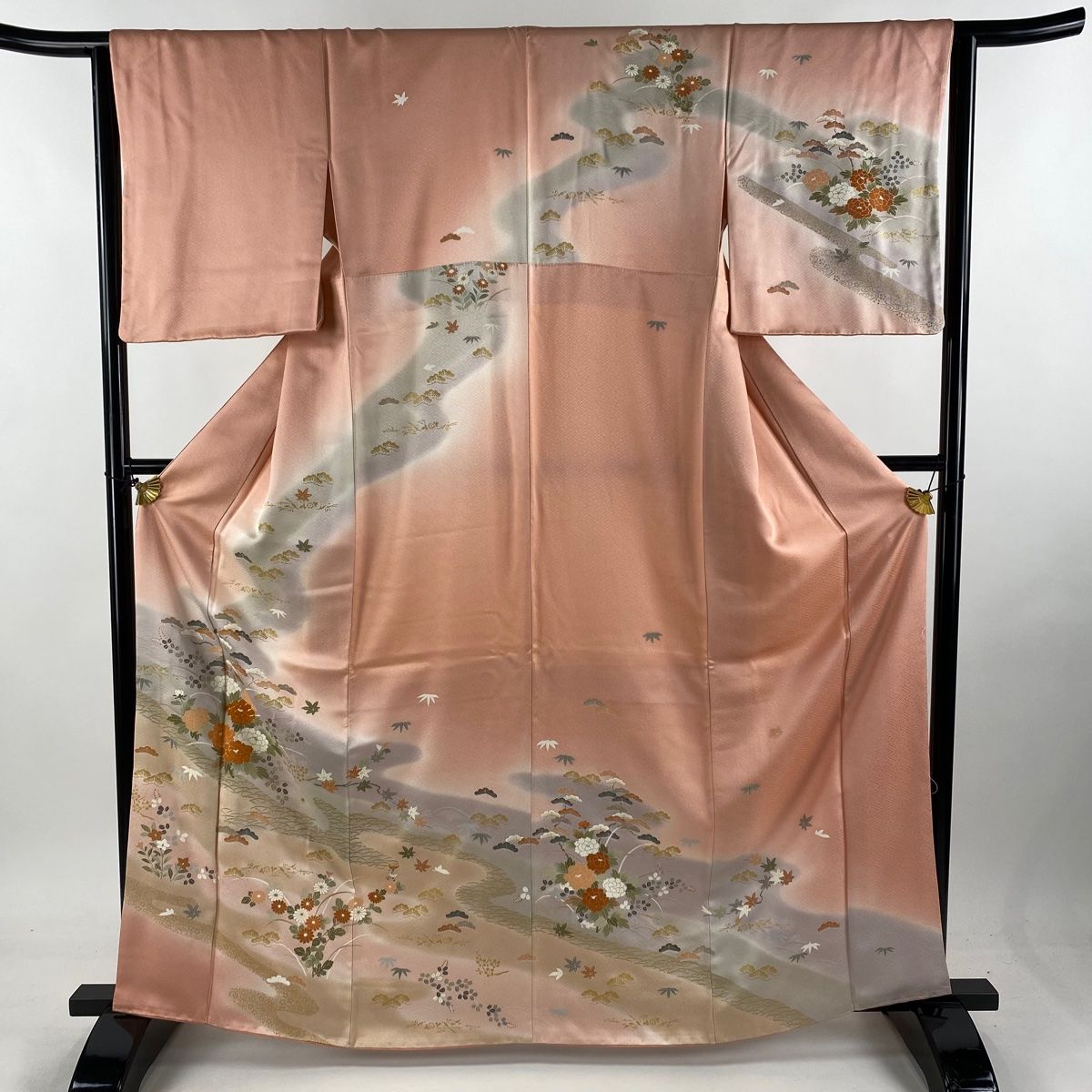 訪問着 身丈164cm 裄丈63.5cm S 袷 草花 流水 金糸 金彩 ピンク 正絹 秀品