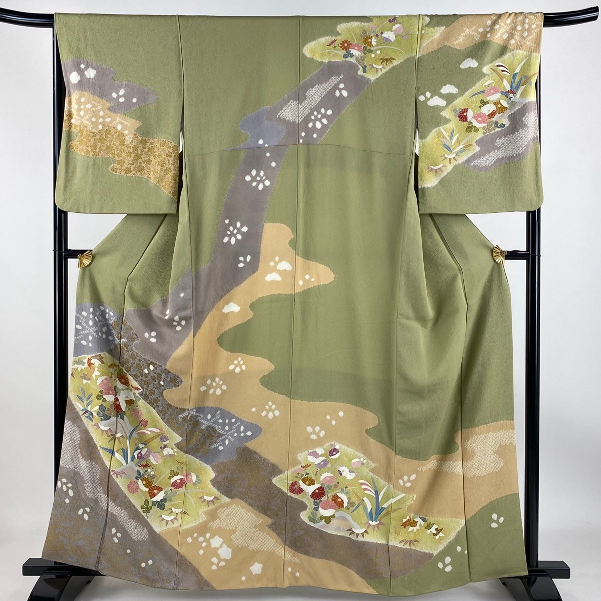 訪問着 身丈162cm 裄丈67.5cm L 袷 菊 葡萄唐草 絞り 金彩 抹茶色 正絹