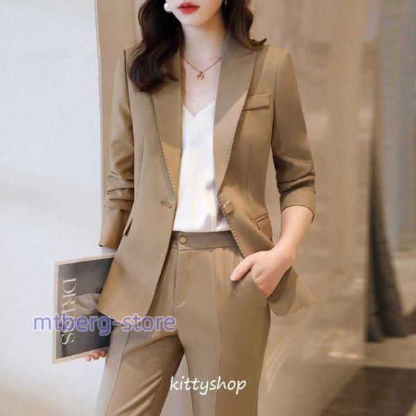 パンツスーツ レディース スーツ ベージュ ワイン赤 スーツ フォーマル ブルー 通勤 OL 20代 30代 40代 カジュアルスーツ 入学式 卒業式 2