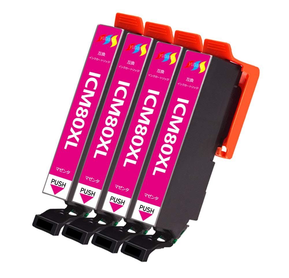 Color:IC80L-4PK-4M インクカートリッジ 80L IC80L互換ICM80Lマゼンタ 4本セット(とうもろこし インク) 増量版 対応機種:EP-808AW EP-807AW EP-707A EP-708A EP-808AB EP-979A3