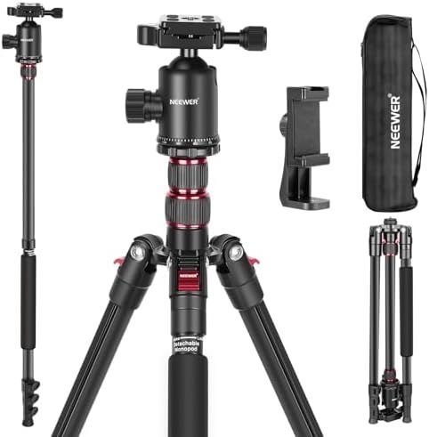 ♥ NEEWER 197cm カメラ三脚一脚 折りたたみ式 アルミ製 DSLR|スマホ用 360°パノラマボールヘッド|2軸センターコラム|Arca QRプレート|バッグ付き ポータブル 旅行用三脚 撮影用三脚 最大荷重8kg TP77