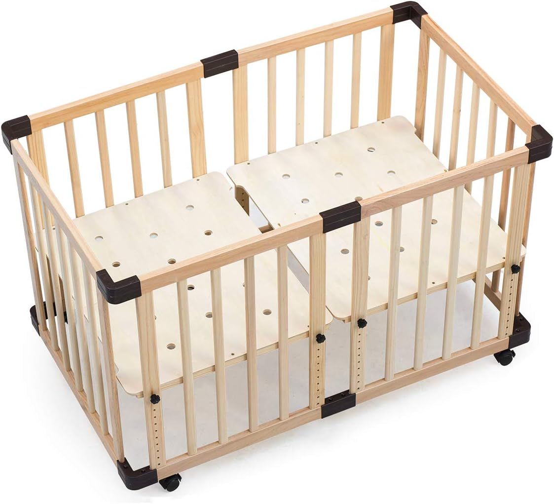 RiZKiZ 木製ベビーベッド 120×70cm 【ナチュラル】 SGマーク PSCマーク 取得 高さ調整 0～24ヶ月 通気性 床板 簡単組立 キャスター付
