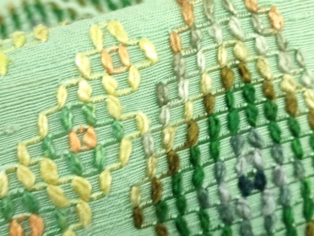 平和屋着物□極上 本場琉球 読谷山花織 紬地 九寸名古屋帯 柳染色地  