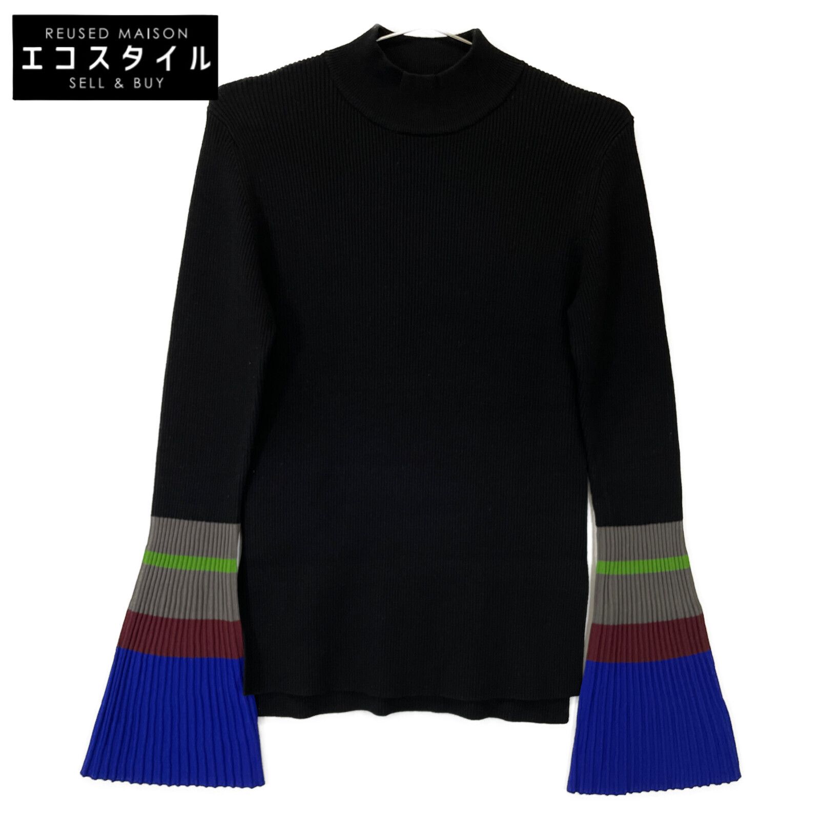 UN3D アンスリード 24AW ブラック レーヨン混 モックネック ボーダーフ スリーブニットプルオーバー 38