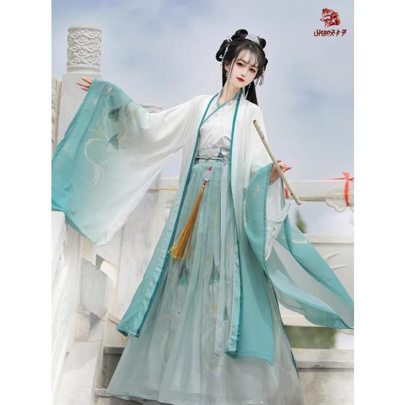 送料無料! チャイナ服 上下3点セット メンズ レディース 大人 ペアルック グラデーション 白緑 黒緑 漢服＆唐装 華流コスプレ衣装 中国古代服装 ハロ