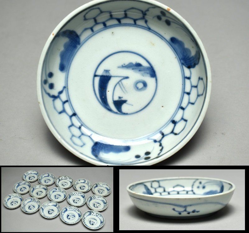 蔵A4870 古伊万里 染付 帆船図 くらわんか皿 十五客 幅約14㎝