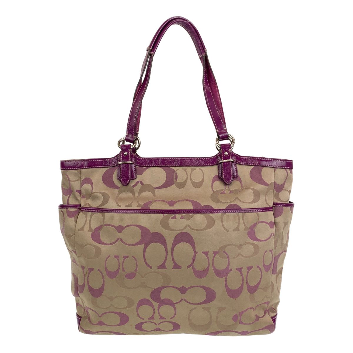 COACH コーチ シグネチャー ベージュ パープル 紫 シルバー金具 レザー 