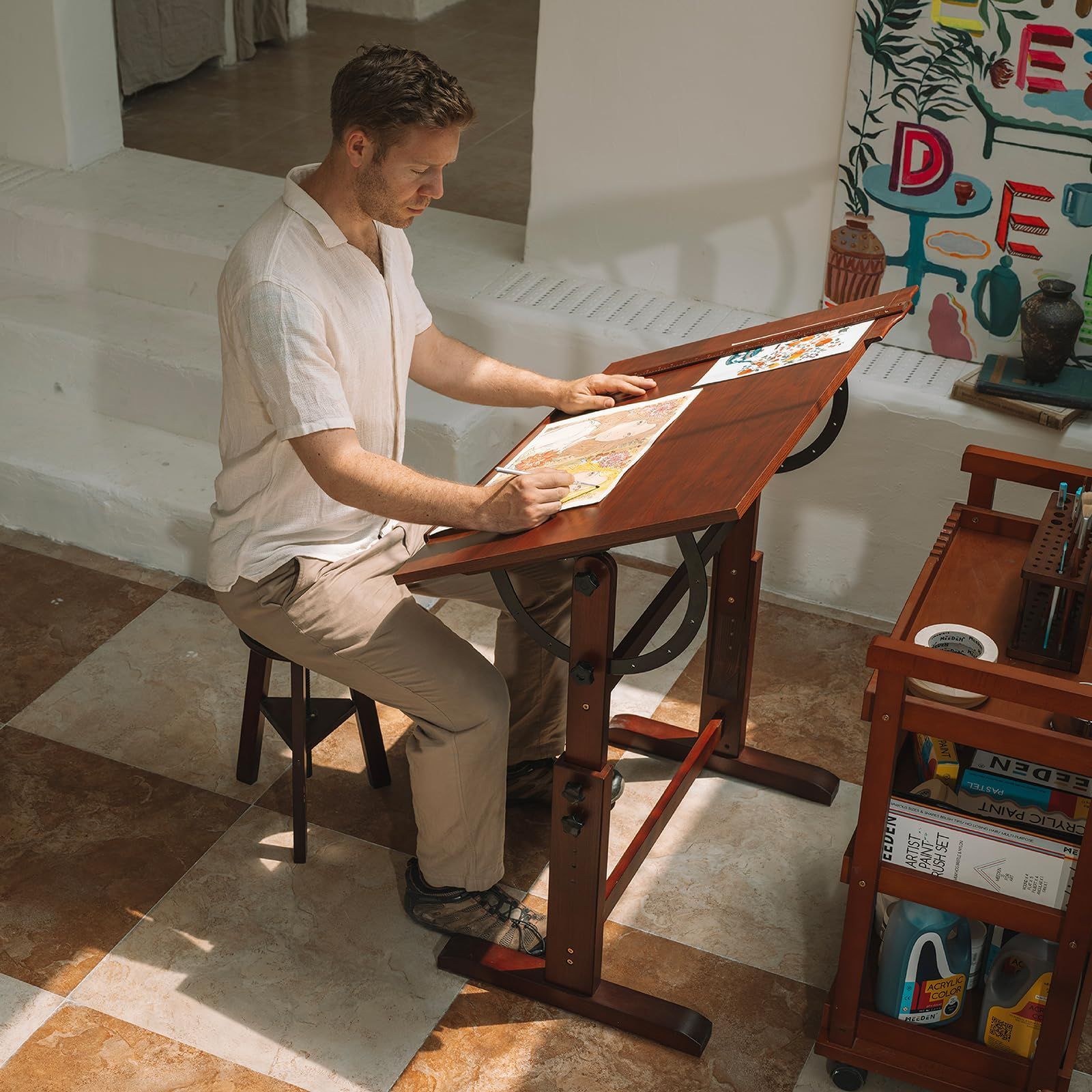 復活の 組み立てが便利 定規付き 傾斜台 高さ 角度調節 製図机 傾斜 昇降式 読書 仕事 勉強 絵画用 製図台 作業用 ブナ木製 製図テーブル ダークレッド色 MEEDEN