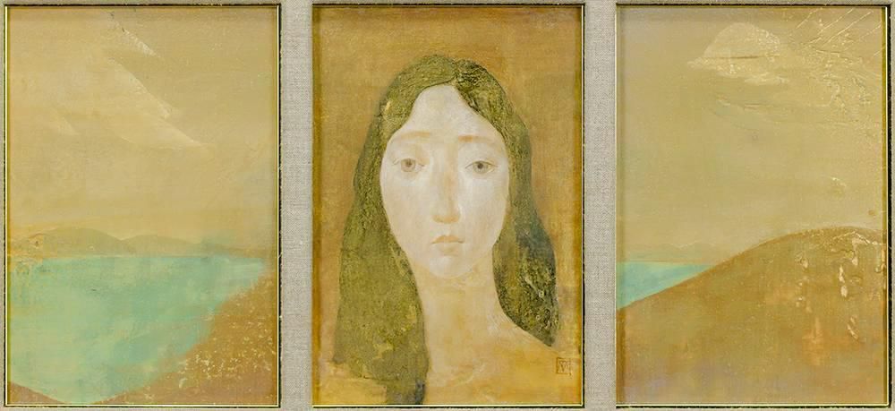 送料無料! 真作 WISH 丸山勉 風のかけら 油彩 SM 三作品一額装 ◆静寂に佇む美人 〇個性派人気画家 日展会員 白日会会員 25102025 おしゃれアイテム