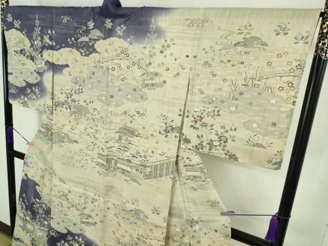 平和屋本店▽極上　染織の名門　しょうざん  生紬　訪問着　単衣　渡橋風景花文　暈し染め　逸品　未使用　DZAA3148kh5 平和屋本店▽極上 染織の名門 しょうざん 生紬 訪問着 単衣 渡橋風景花