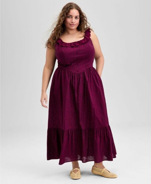 送料無料 アンドノウディス レディース ワンピース トップス Women s Cotton Ruffle-Trim Scoop-Neck Voile Maxi Dress P|XXS-4X Deep Cranberry