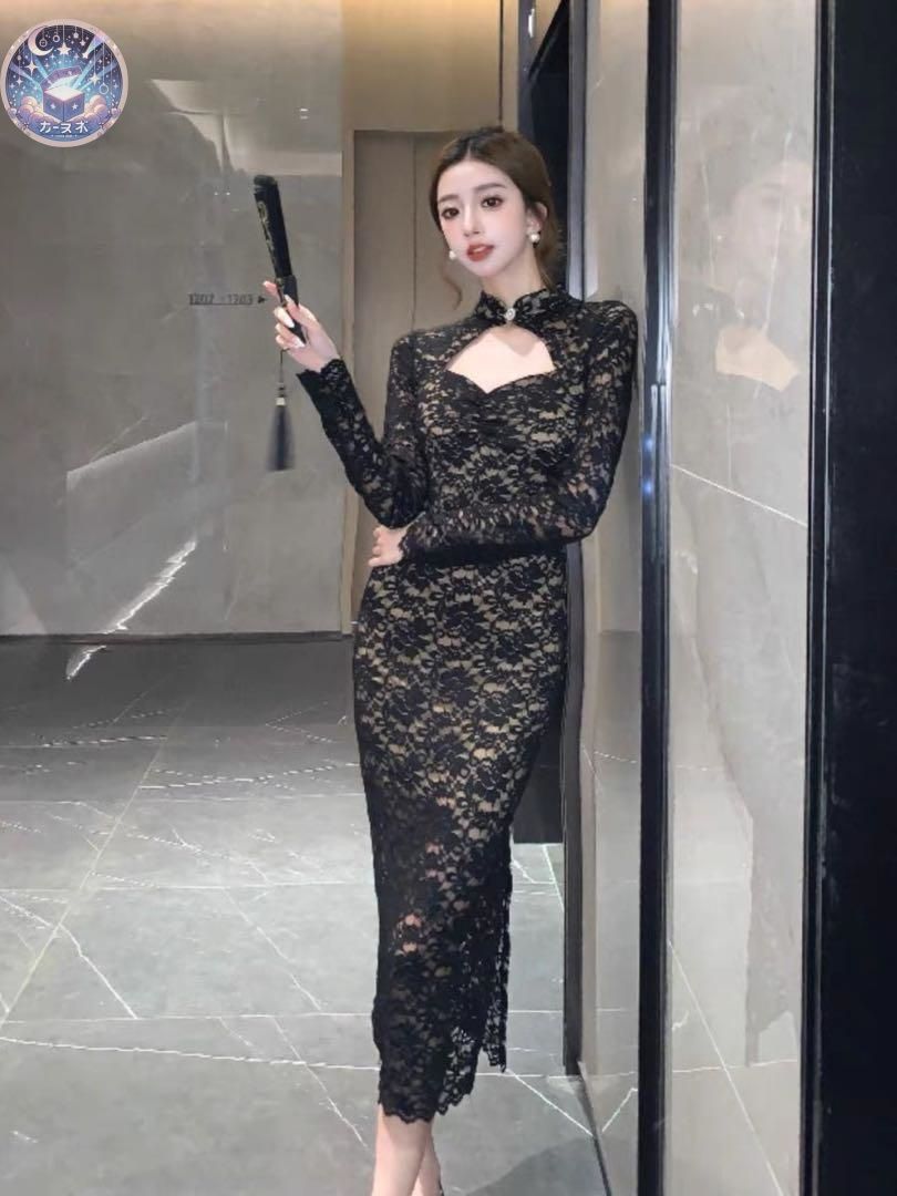 美しい総レースのロングワンピース　結婚式 パーティー セクシー 胸元カットライン 新品未使用 美しい総レースのロングワンピース 結婚式