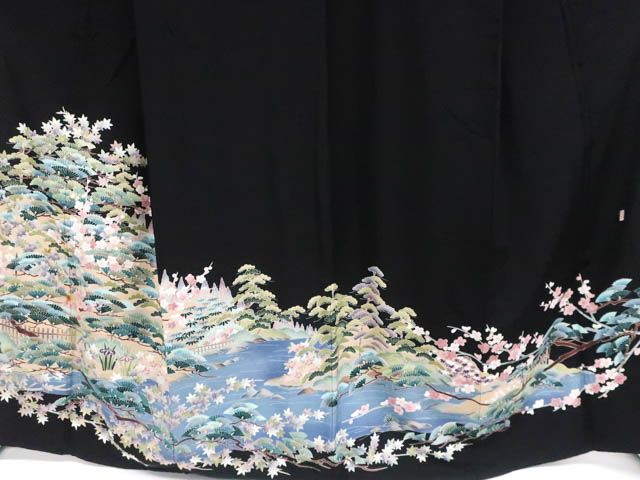 508mo42☆老舗「泰常」黒留袖 五つ紋 金彩 扇子 水辺に花 比翼付き☆美品 508mo42☆老舗「泰常」黒留袖 五つ紋 金彩 扇子 水辺に花 比翼付き☆