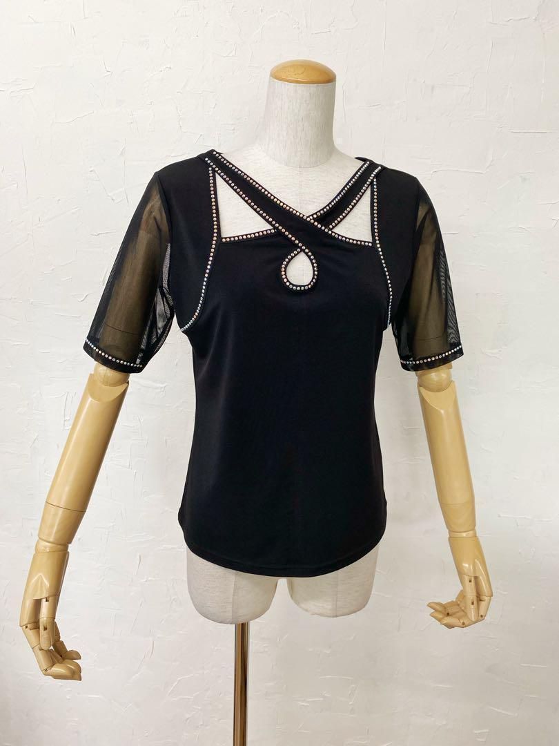 半袖】新品Lサイズ ラインストーン 社交ダンス デザインカットソー黒