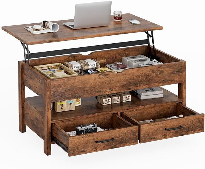 IKIFLY ローテーブル 昇降式 木製 コーヒーテーブル 引き出し付き 収納