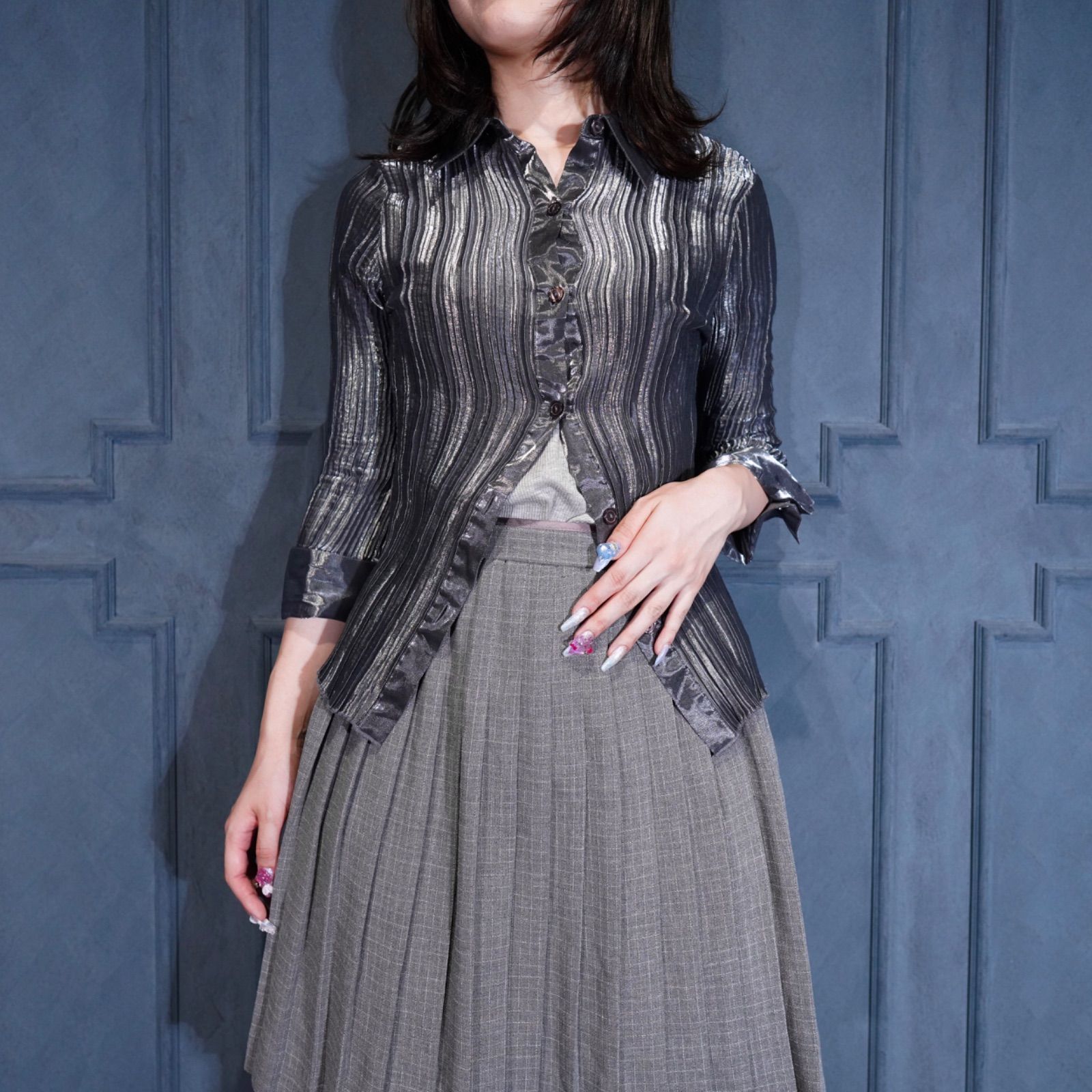 USA VINTAGE NICOLA METALIC PLEATES DESIGN SHIRT アメリカ古着メタリックプリーツデザインシャツ