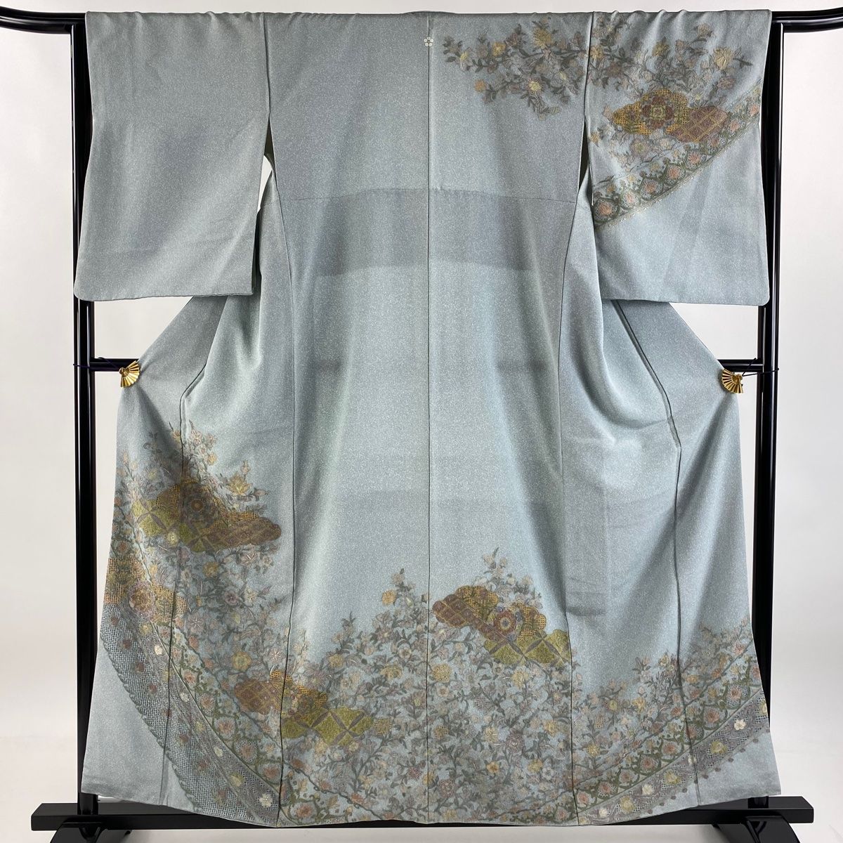 訪問着 身丈158cm 裄丈65cm M 袷 草花 雲文 刺繍 青灰色 正絹 名品 一つ紋