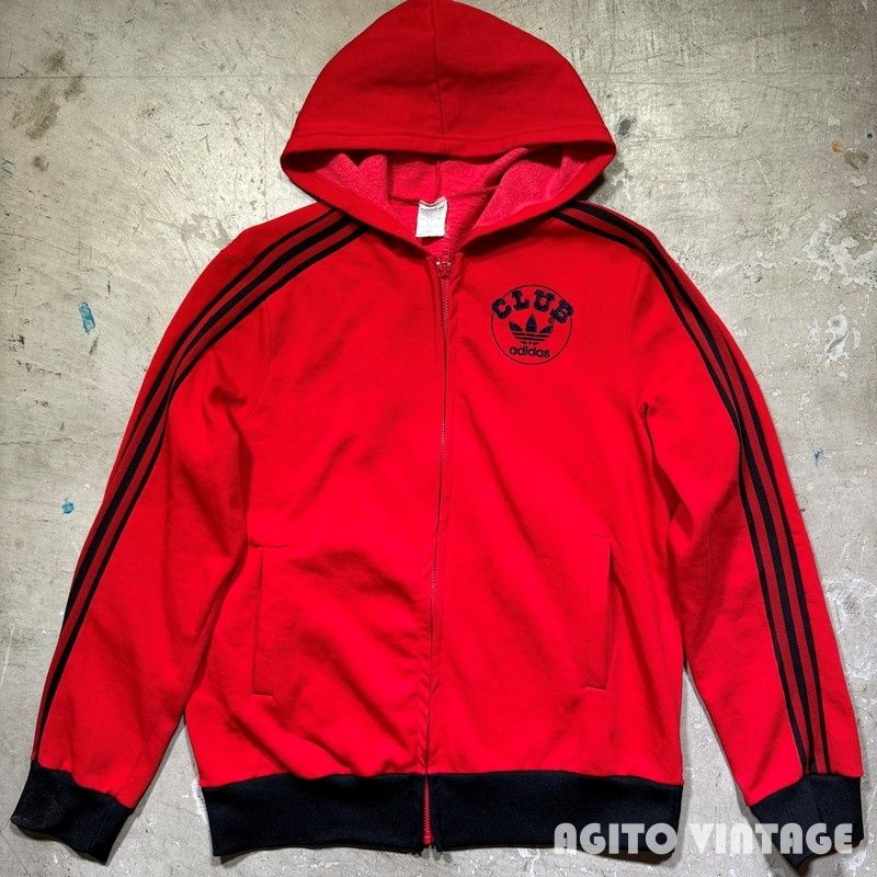 70's~ CLUB adidas ジップアップジャージーパーカー VENTEX フロッキープリント 赤黒 M相当