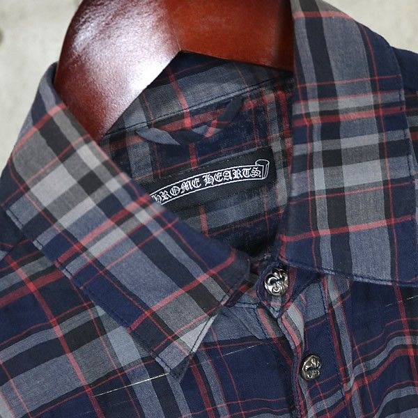 鑑定済】クロムハーツ BSフレア レザーパッチ スターボタン チェックシャツ