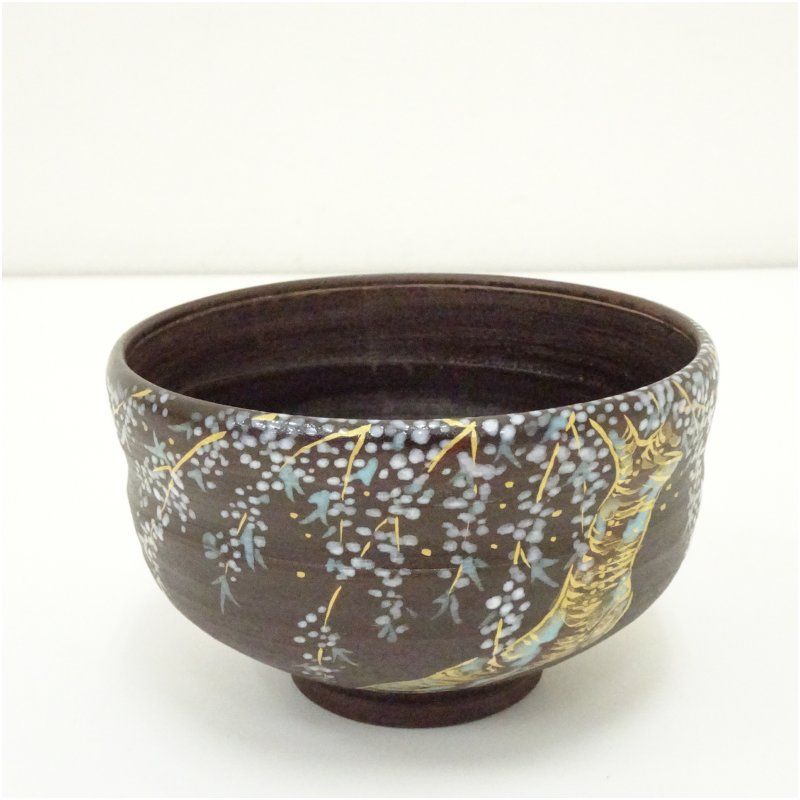 九谷焼 山上竹凰造 夜桜茶碗 共箱 茶道 抹茶 おしゃれ 抹茶茶碗 抹茶碗 和食器 レトロ 茶器 骨董 茶わん 茶会 茶の湯 4月 春