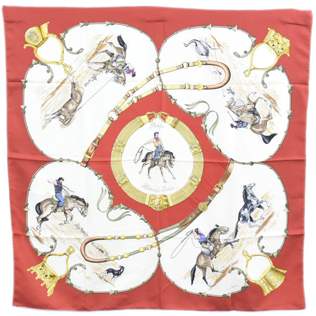 本物 エルメス HERMES スカーフカレ カレ90 Pampa 大草原 スカーフ ショール バンダナ シルク レッド ホワイト 服飾小物 フォロー割