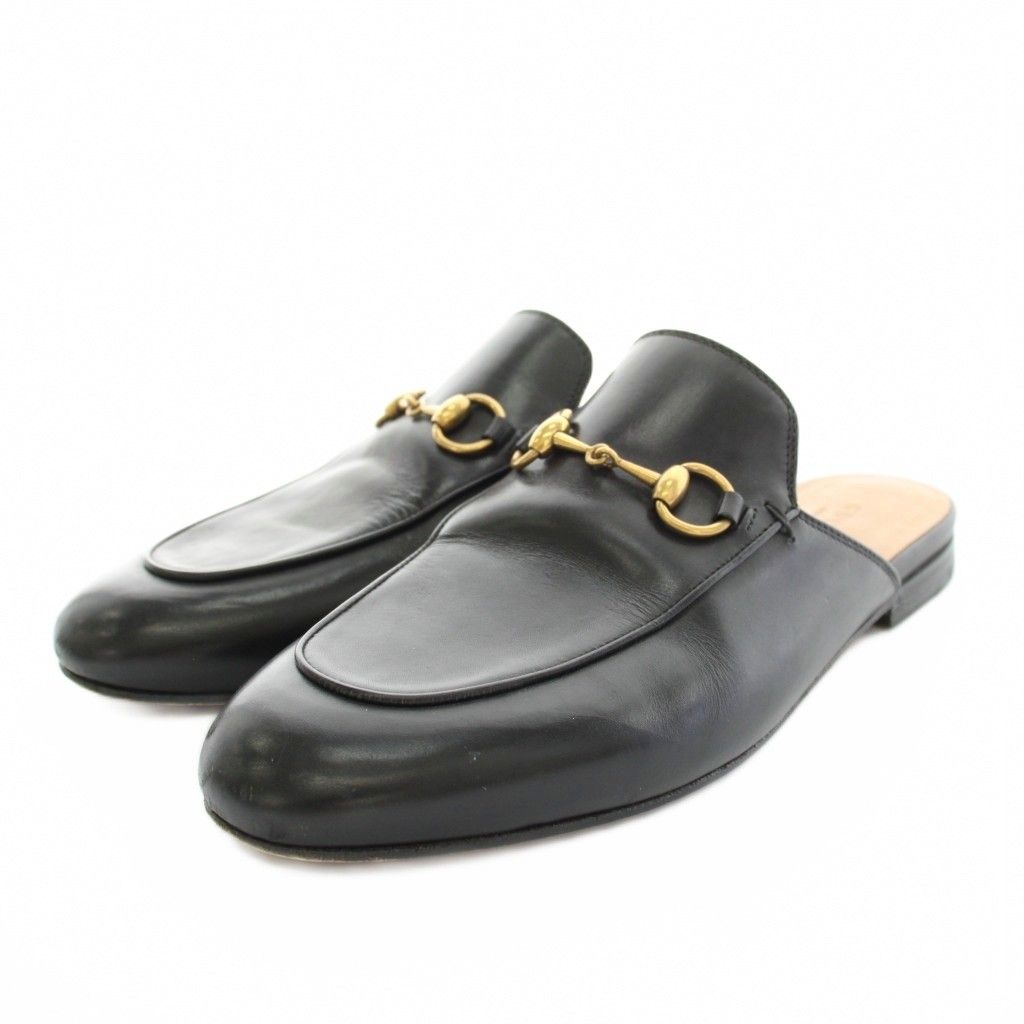 グッチ GUCCI プリンスタウン ミュール ローファー サンダル ビット レザー 37 黒 ブラック 423513 YT