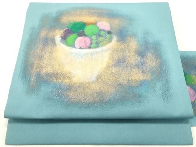 平和屋着物●塩瀬 九寸名古屋帯 手描き 陶器成り物文 縹色 金彩 正絹 DAAY0143ob