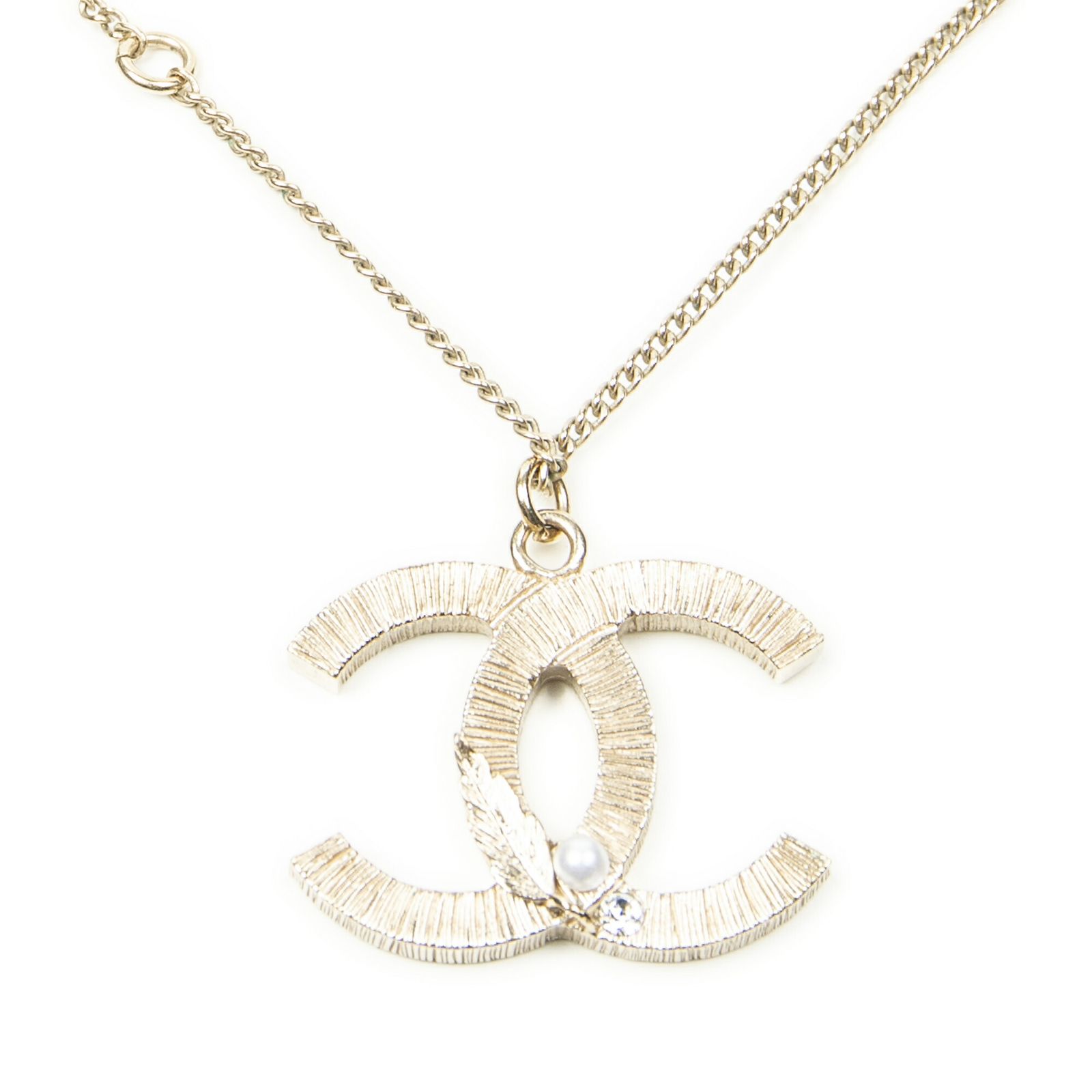 CHANEL シャネルCCパールフェザー ペンダント ネックレス金金メッキA
