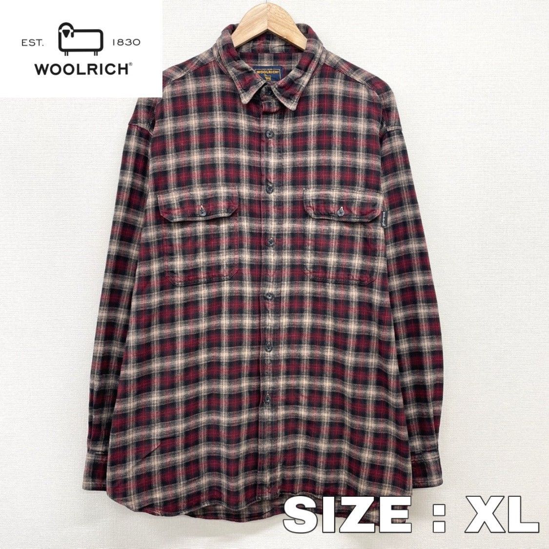 90's US古着 ウールリッチ フランネルシャツ チェック柄 長袖 メンズ XL ビッグサイズ ベージュ×エンジ×ブラック