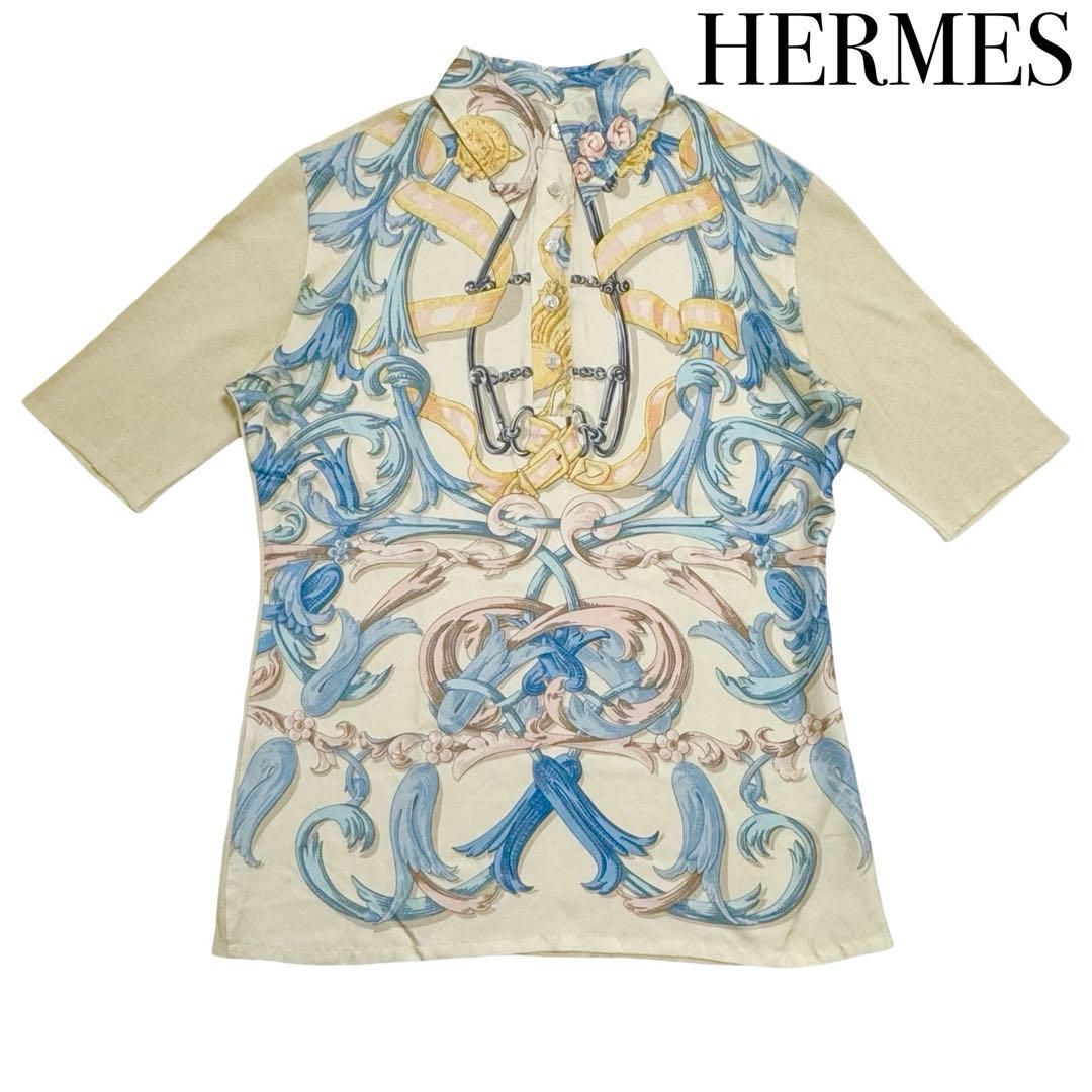 HERMES エルメス シルク×コットン 総柄 半袖 ポロシャツ 表記S トップス レディース