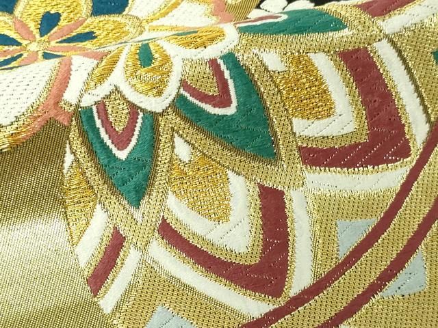 ★最終処分セール★袋帯　手織り　金糸銀糸　六通柄　和装　着物 袋帯 螺鈿箔 正絹 絹 金糸 銀糸 黒地 黒 花唐草 横段 花菱 網代
