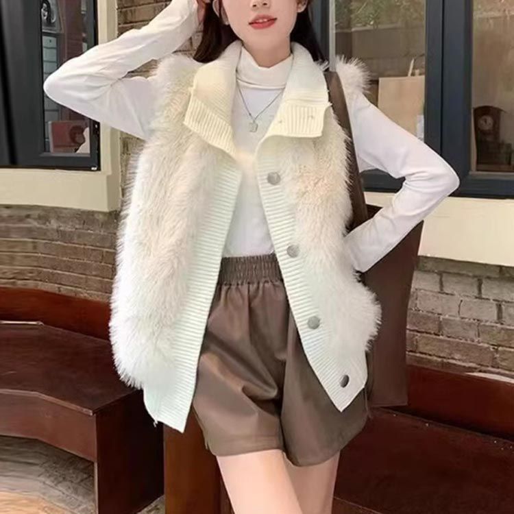 フェイクファー ジレ ファーベスト レディース オフィス 2025 ノースリーブ ニットベスト 羽織 ファー アウター ニット トップス ロングベスト ベスト 体型カバー エコファー シ yskma 604996