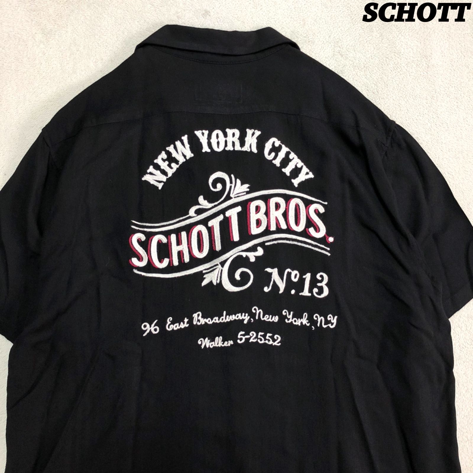 SCHOTT OPEN COLLAR SHIRT オープン シャツ 開襟シャツ ワークシャツ クリーニング済 両面刺繍 ロゴ レーヨン ショートスリーブ 半袖 XLサイズ ブラック 黒 ショット