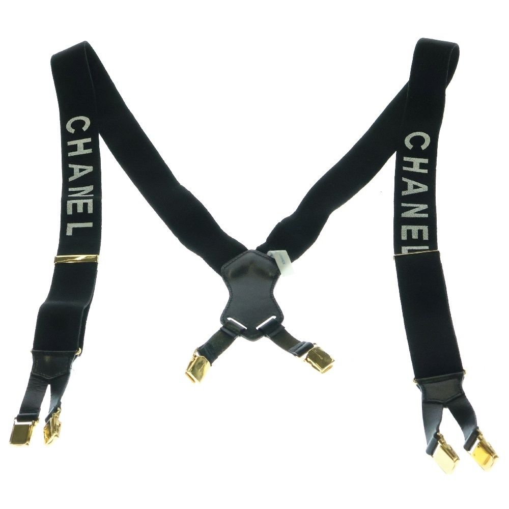 CHANEL シャネル シャネルロゴ サスペンダー 黒 レザー ベルト ゴールド金具
