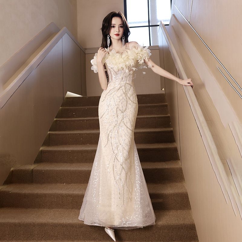 イブニングドレス パーティードレス ウェディングドレス マーメイドドレス 結婚式 披露宴 演奏会 オフショルダー キラキラ フラワードレス