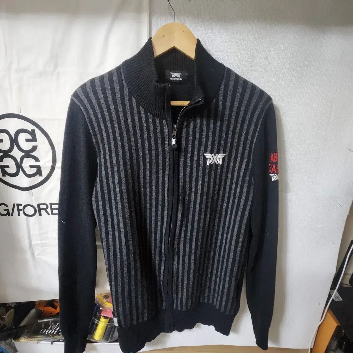 PXG ストライプ ニット ジップアップ ブラック L