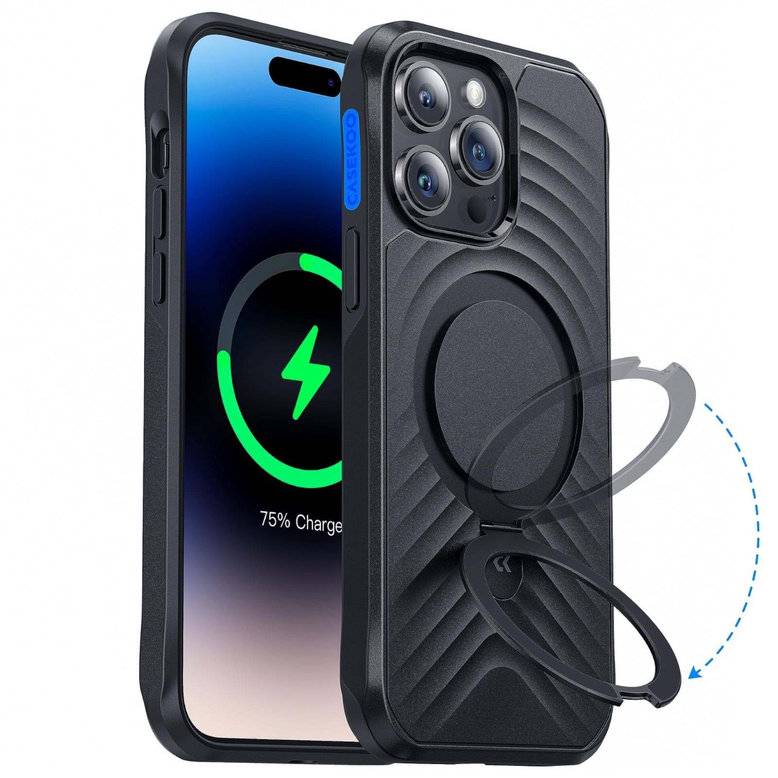CASEKOO iPhone14ProMax 用【MagSafe対応・ダブル米軍MIL規格】ケース 隠し収納式 スタンド耐衝撃 米軍MIL規格 非ニュートン流体 レンズ保護 指紋防止 ワイヤレス充電  6.7インチ カバー（ブラック）722