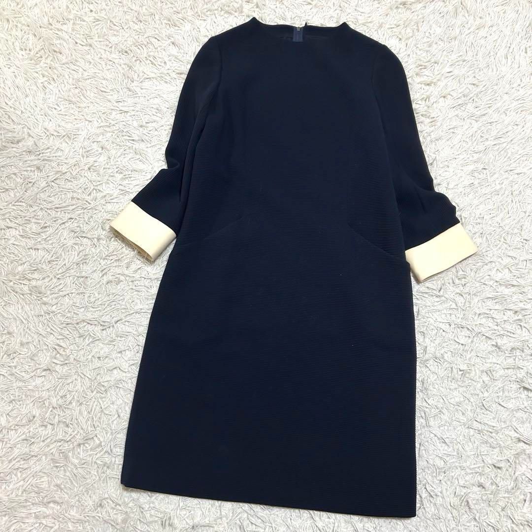 大きいサイズ フォクシー 42 ウール 長袖 ロングワンピース Aライン 紺