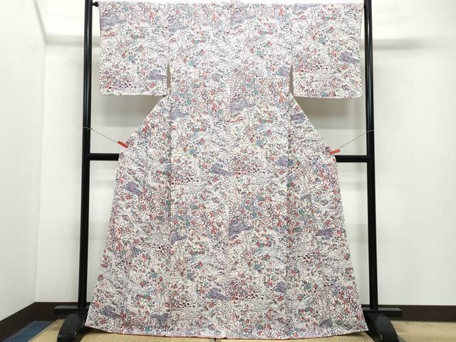 平和屋着物●上質な小紋 型染め 花車文 鬼しぼ縮緬 正絹 CAAZ0979vf