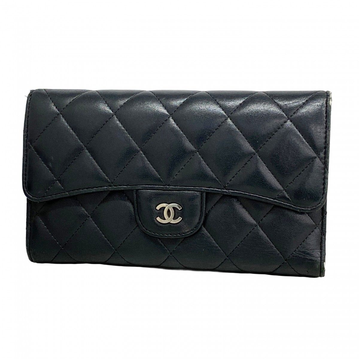 5ma0772】シャネル 三つ折り長財布 マトラッセ ラムスキン ブラック  