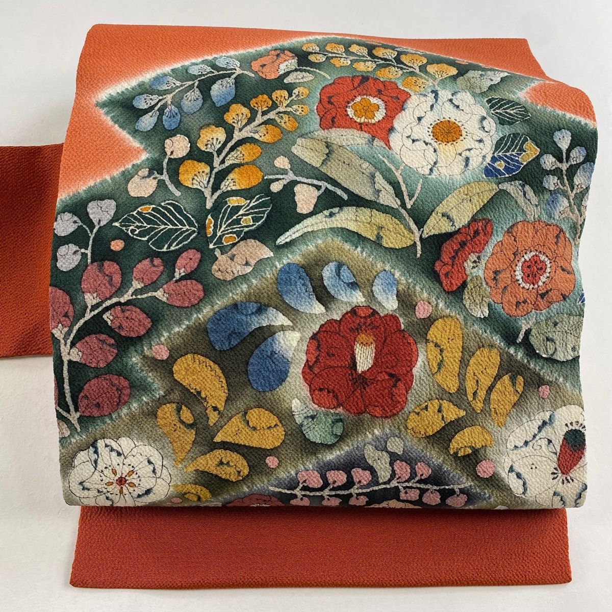 名古屋帯 秀品 落款 縮緬 草花 松川菱 オレンジ 正絹 【中古