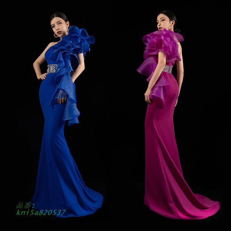 カラードレス パープル ブルー レッド マーメイドドレス ロングドレス パーティー 演出 舞台 ステージ衣装 ワンショルダー イベント イブニングドレス kni5a820537