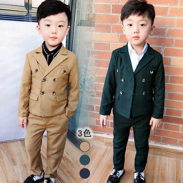 子供スーツ 男の子 2点セット 秋 冬 子どもスーツ フォーマル ピアノ発表会 入学式 卒業式 子供服 カーキ オリーブ キッズスーツ 上下セット sou 