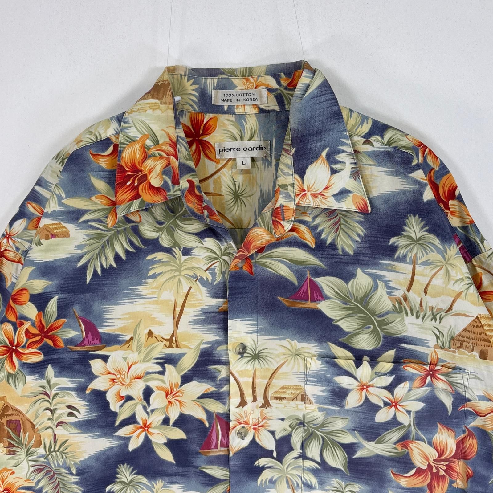 古着  Pierre Cardin 半袖シャツ アロハ 植物 花 オープンカラー L  ネイビー系 総柄 メンズ