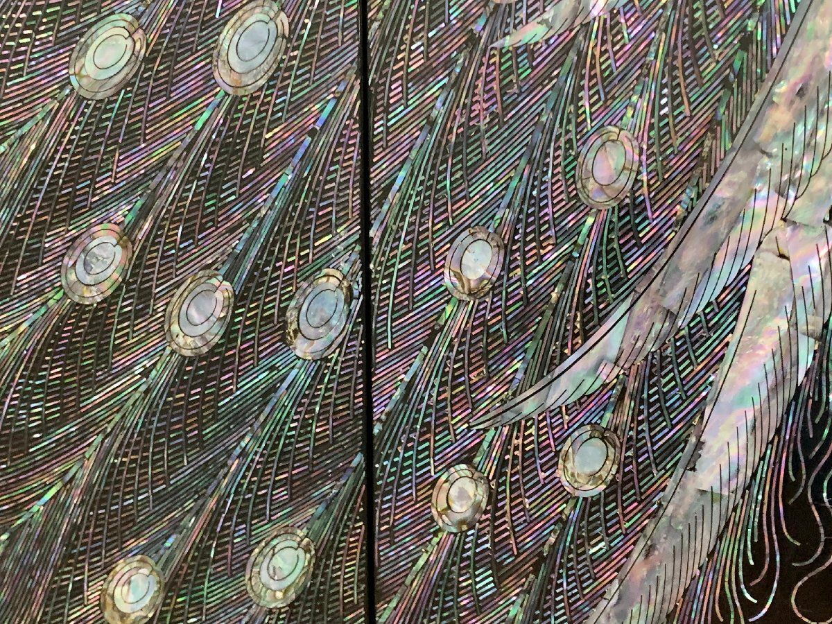 屏風 衝立 パーテーション 螺鈿細工 貝細工 孔雀 アンティーク 飾り 鏡面仕上げ 2つ折り 置物 古美術 仕切り 畑1118 MARWIL-DEMENAGEMENTS_CH