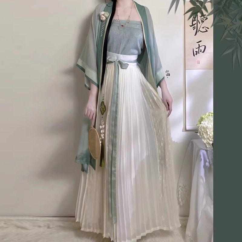 新品未使用  漢服 【シゲン】唐制漢元素 ハイウエストトップス＆ロングスカートセット 刺繍＆プリント 春夏用 グリーン/ベージュ豪華刺繍  伝統的なショール付き 撮影会・推し活・イベント衣装 プレゼントにも最適 新品未使用 漢服 【シゲン】唐制漢元素 ハイウエストトップス＆ロング