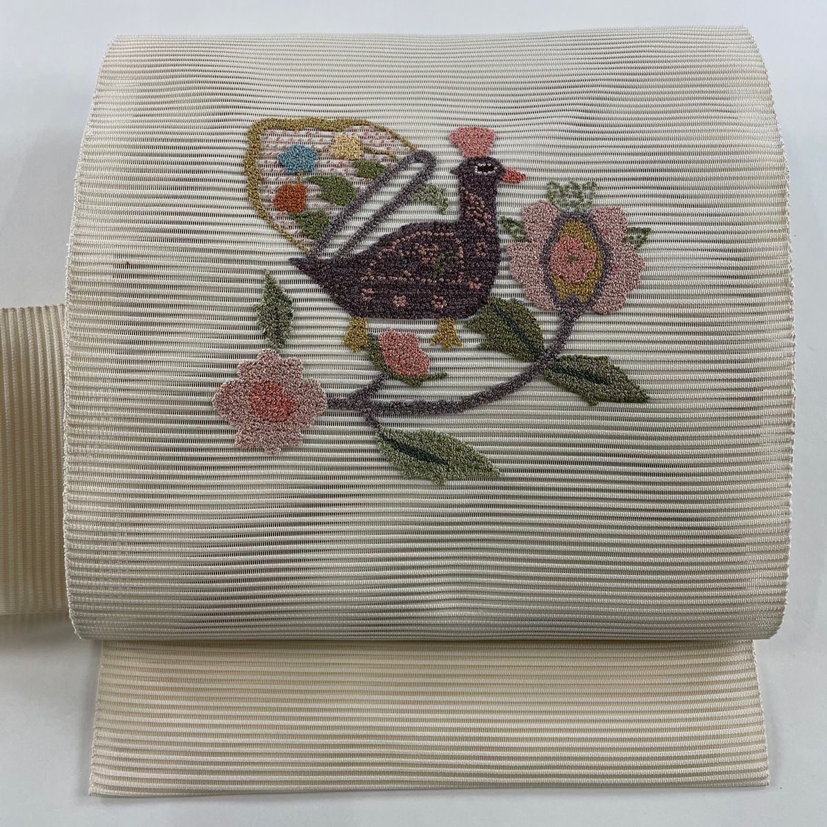 名古屋帯 名品 夏帯 絽 鳥 草花 刺繍 クリーム 正絹