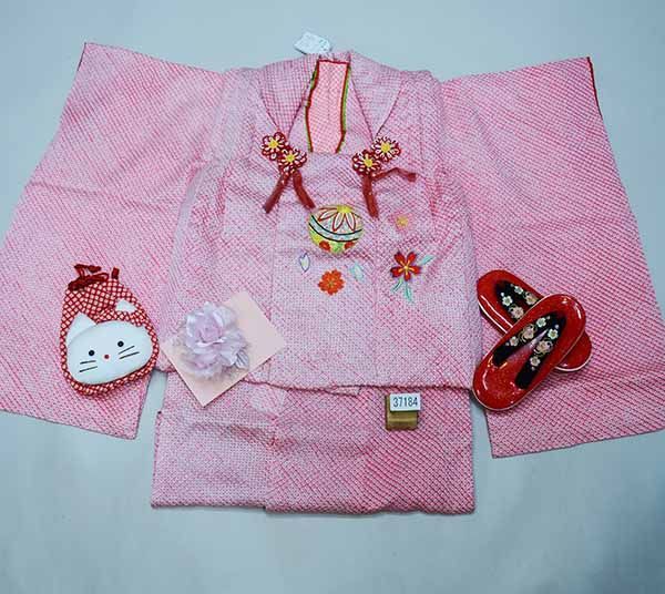 新品未使用　正絹　総絞り　被布　3歳　着物　一つ身　フルセット NISHIORI 総絞り レンタル商品 3歳の七五三 女の子 被布コート