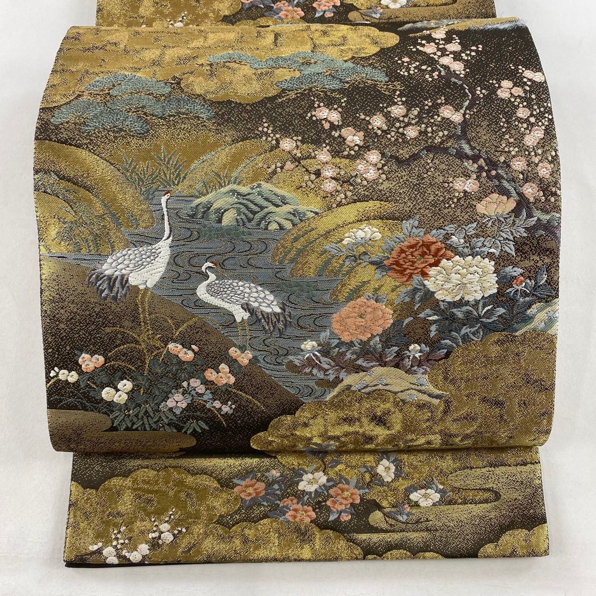 袋帯 美品 名品 鬼壁錦 波頭 草花 刺繍 箔 焦茶色 揺れ動く 六通